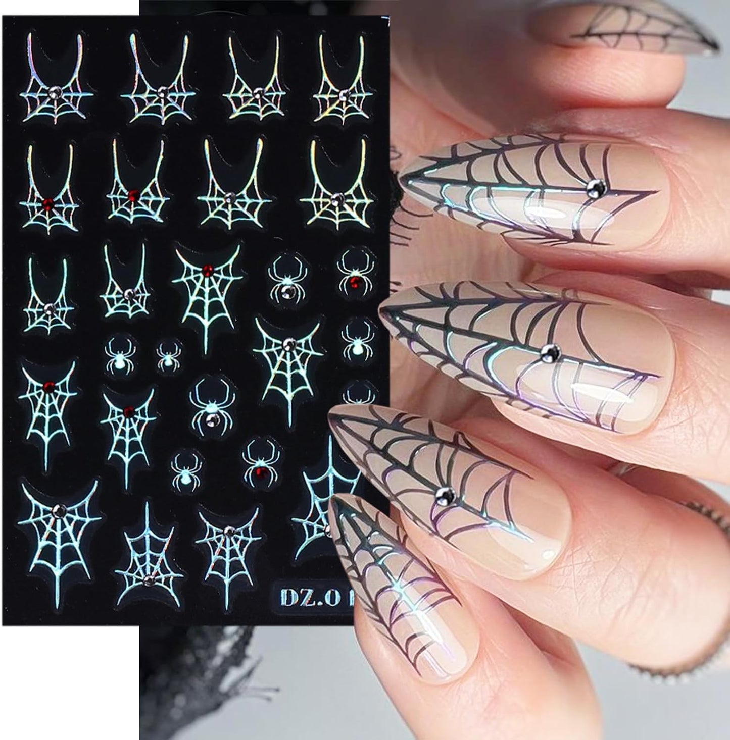 3 Sheets Spider Web Nail Stickers for Nail Art Gold Silver Halloween Nail Art Stickers Holographic Laser Spider Nail Decals With Diamond Designs 5D Self-Adhesive Scary Halloween Nail Sticker for Women-FemmiqueWomen