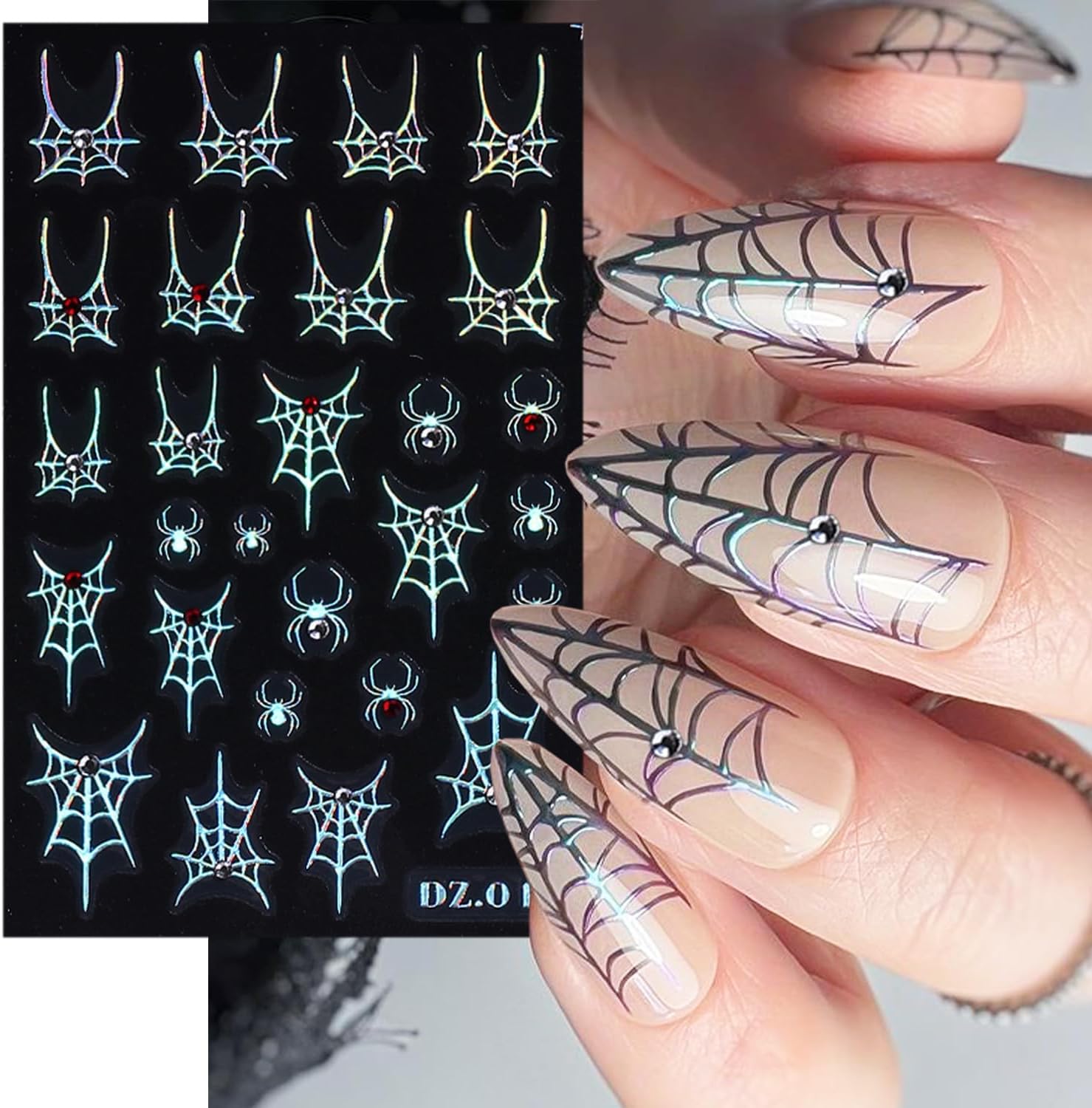 3 Sheets Spider Web Nail Stickers for Nail Art Gold Silver Halloween Nail Art Stickers Holographic Laser Spider Nail Decals With Diamond Designs 5D Self-Adhesive Scary Halloween Nail Sticker for Women-FemmiqueWomen