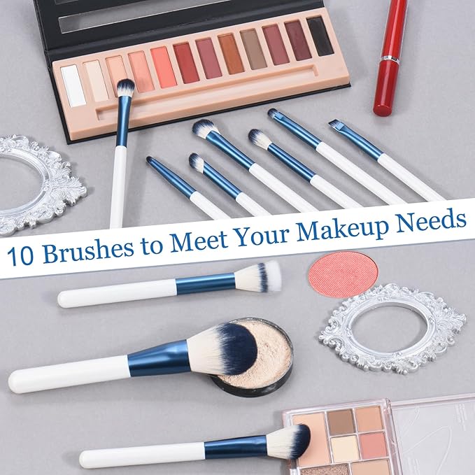 Makeup Brushes Set With Case 10Pcs White Makeup Brush Kit Foundation Eyeshadow Powder Blending Kabuki Eyebrow Eyelash Brushes Cosmetic Brush Travel Kit Gift (White+Blue)-FemmiqueWomen