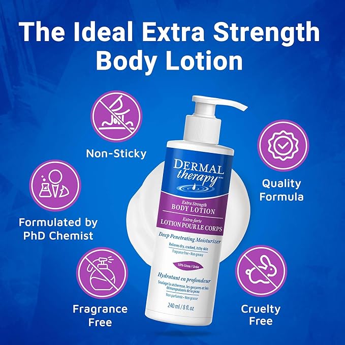 Dermal Therapy Extra Strength 5% AHA 10% Urea Body Lotion - Healing for Extremely Dry, Cracked Skin - Fragrance-Free - Sensitive Skin, Diabetes & Medication-Induced Dryness - 8 fl oz / 240 ml-FemmiqueWomen
