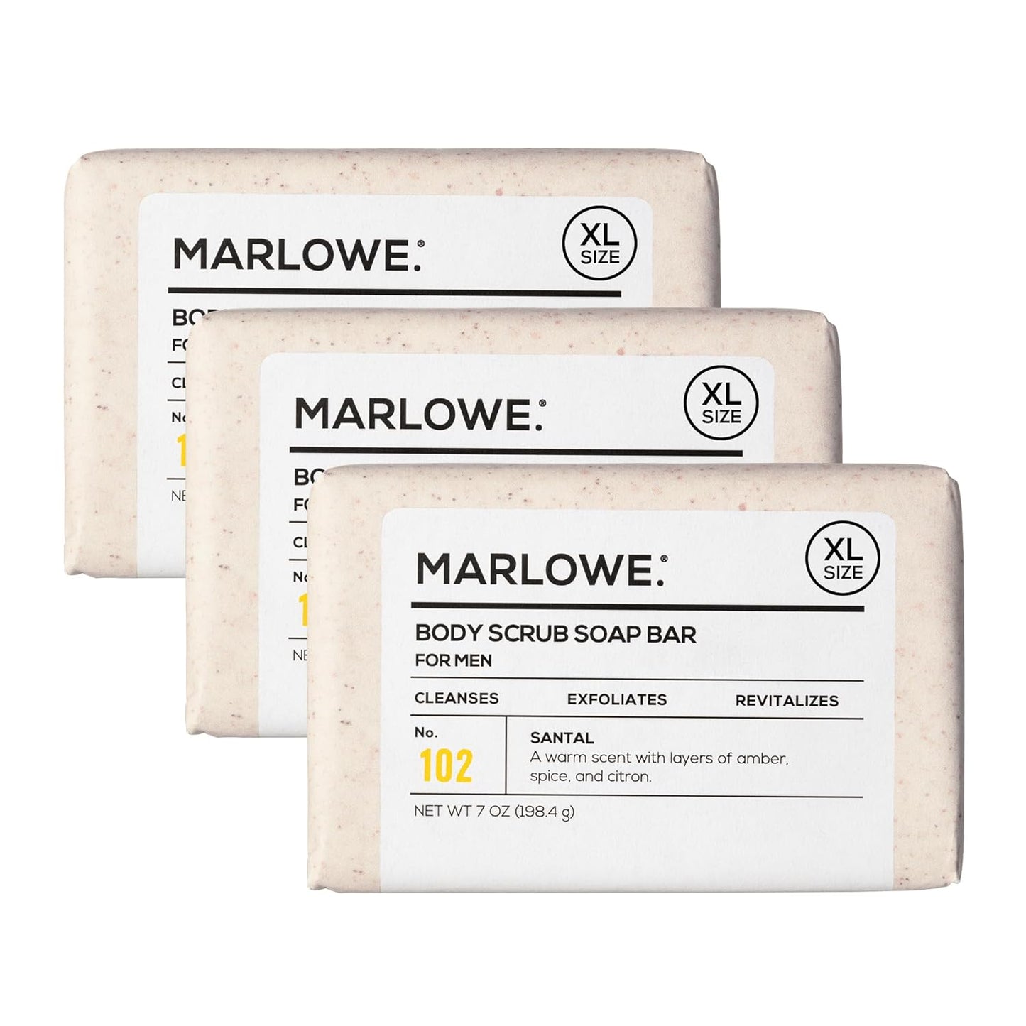 MARLOWE. No. 102 Body Scrub Soap 7 oz (3 Bars), Santal, Exfoliating Soap Bar with Shea Butter, Olive Oil & Green Tea Extracts, Cleanses, Smooths & Revitalizes Skin, Warm Amber, Spice & Citron Scent-FemmiqueWomen