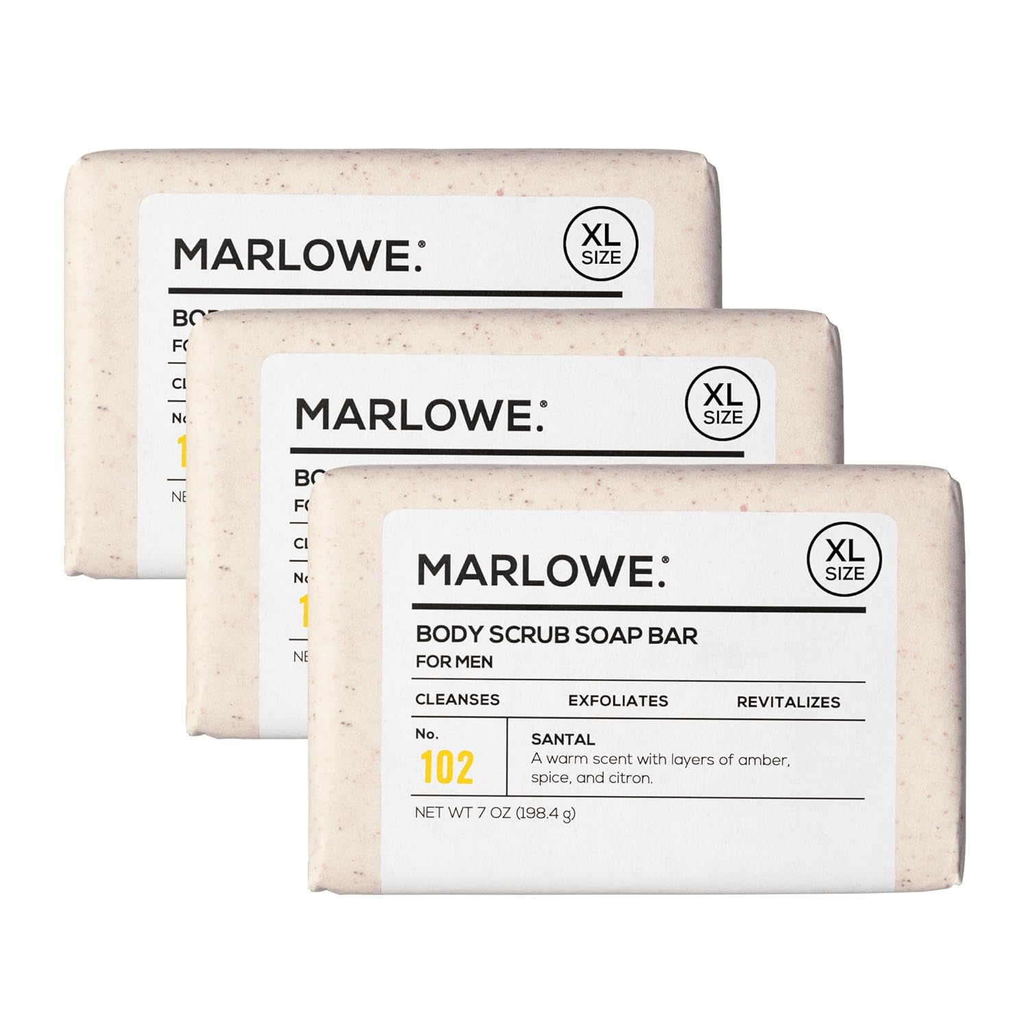 MARLOWE. No. 102 Body Scrub Soap 7 oz (3 Bars), Santal, Exfoliating Soap Bar with Shea Butter, Olive Oil & Green Tea Extracts, Cleanses, Smooths & Revitalizes Skin, Warm Amber, Spice & Citron Scent-FemmiqueWomen