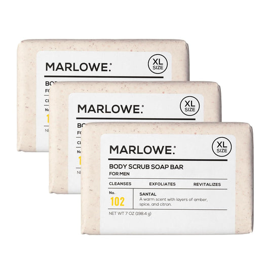 MARLOWE. No. 102 Body Scrub Soap 7 oz (3 Bars), Santal, Exfoliating Soap Bar with Shea Butter, Olive Oil & Green Tea Extracts, Cleanses, Smooths & Revitalizes Skin, Warm Amber, Spice & Citron Scent-FemmiqueWomen