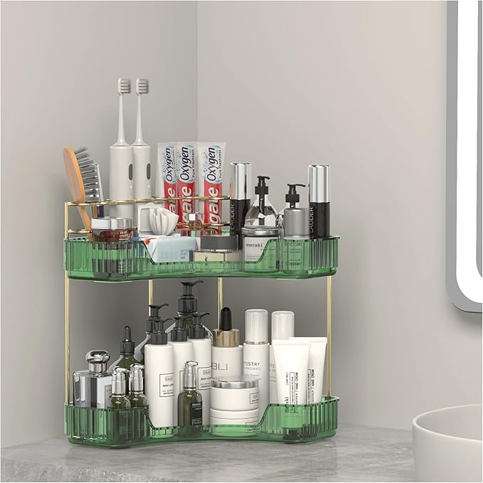 2 Tier Corner Bathroom Organizer Countertop, Vanity Makeup Organizer with Brush Holder, Space-Saving Skincare Storage Corner Shelf for Bathroom, Dressing Table, Kitchen-FemmiqueWomen