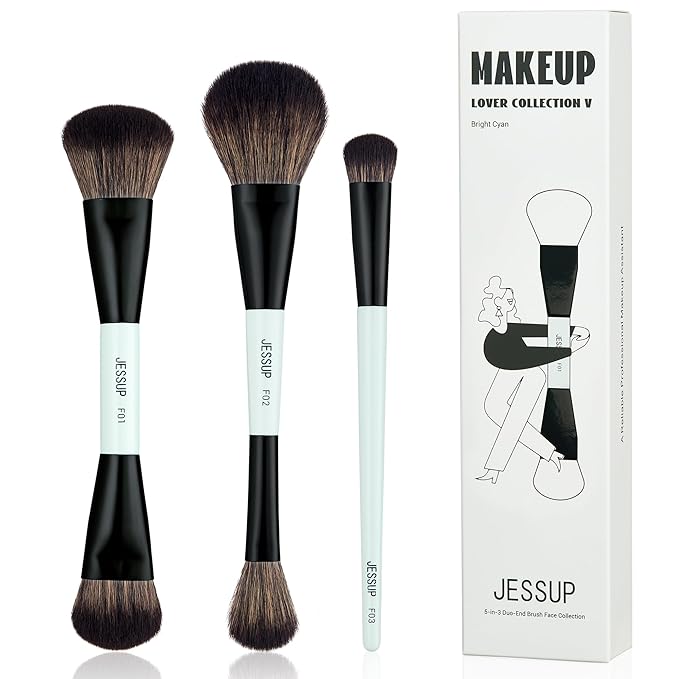 Jessup Face Makeup Brushes Blue 3pcs Double Ended Makeup Brush for Foundation Contour Blush Highlight and Concealer Brush, Premium Synthetic Brush Set T503-FemmiqueWomen