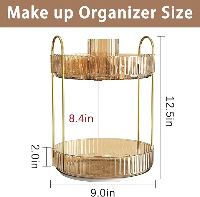 Rotating Makeup Organizer for Vanity, High-Capacity Skincare Clear Make Up Storage Perfume Organizers Cosmetic Dresser Organizer Countertop 360 Spinning (Gold, New-2 Tier)-FemmiqueWomen