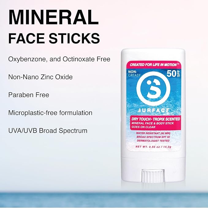 Surface Mineral Face Sunscreen Stick, Dry Touch SPF 50, Broad Spectrum UVA UVB Sun Protection for Kids and Adults, Travel Friendly, Water Resistant for 80 Minutes, Tropical Scent, 0.5oz-FemmiqueWomen