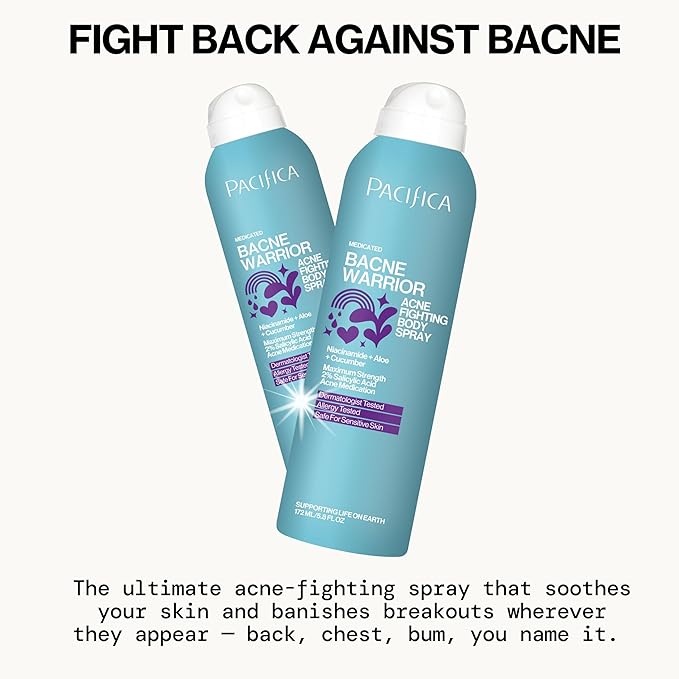 Pacifica Bacne Acne Cleanser Spray - Bacne Warrior - Body Spray for Acne Treatment - w/ 2% Salicylic Acid Niacinamide & Aloe - for Body, Chest & Back Acne for Teens & Adults Vegan Dermatologist Tested-FemmiqueWomen