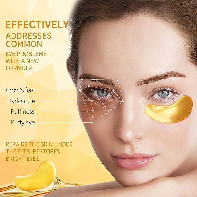 24K Gold Eye Mask - 60 Pieces, Collagen Hyaluronic Acid Eye Mask, Anti-aging, Remove Dark Circles, Puffiness and Wrinkles, Refreshes Skin, Suitable for Both Men and Women-FemmiqueWomen