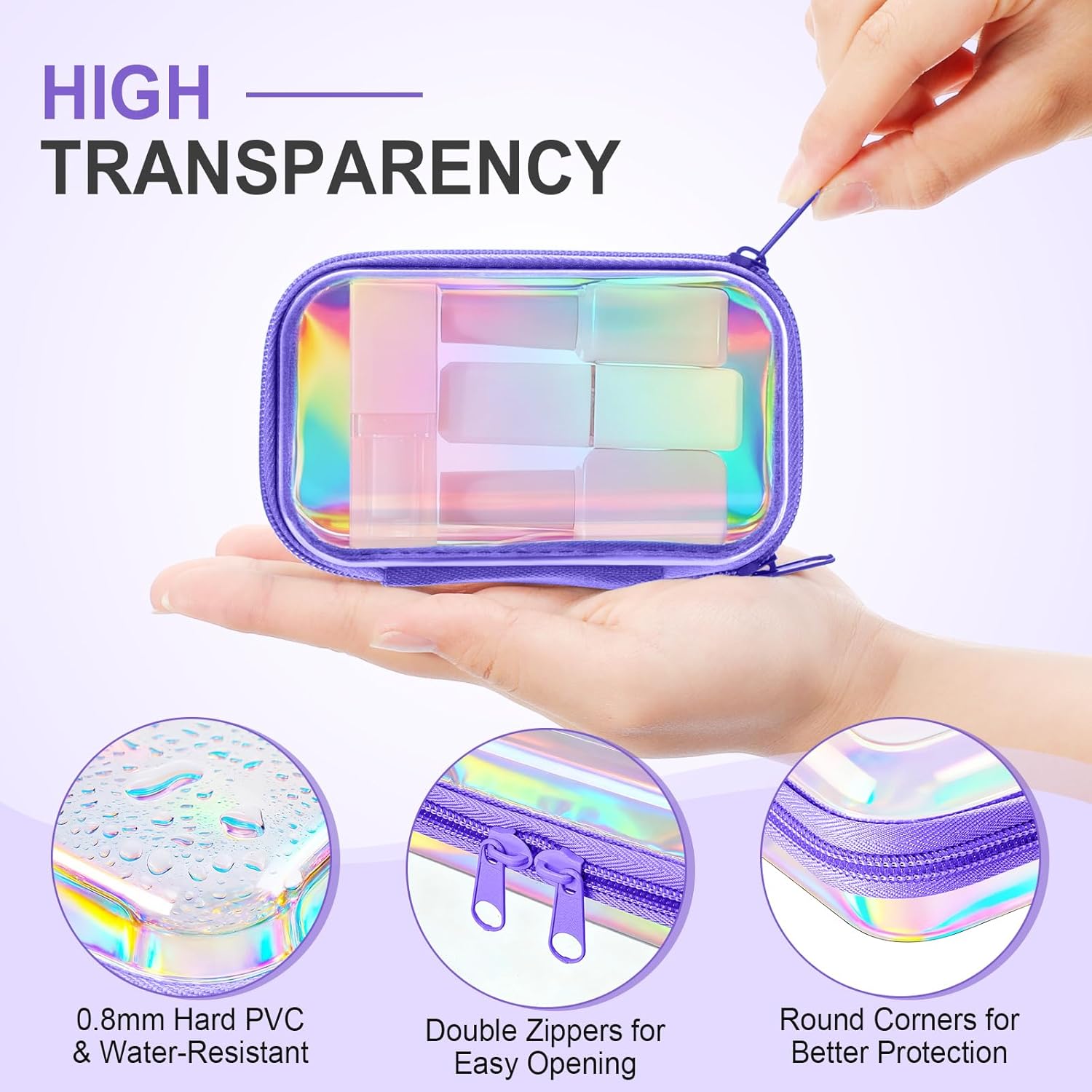 Hoolerry 3 Pcs Clear Hard Zipper Case Plastic Pouch Transparent Hard Case Clear Makeup Bag Portable Travel Organizer Bin for Cosmetics, Building Blocks, Puzzles(Laser,Xs)-FemmiqueWomen