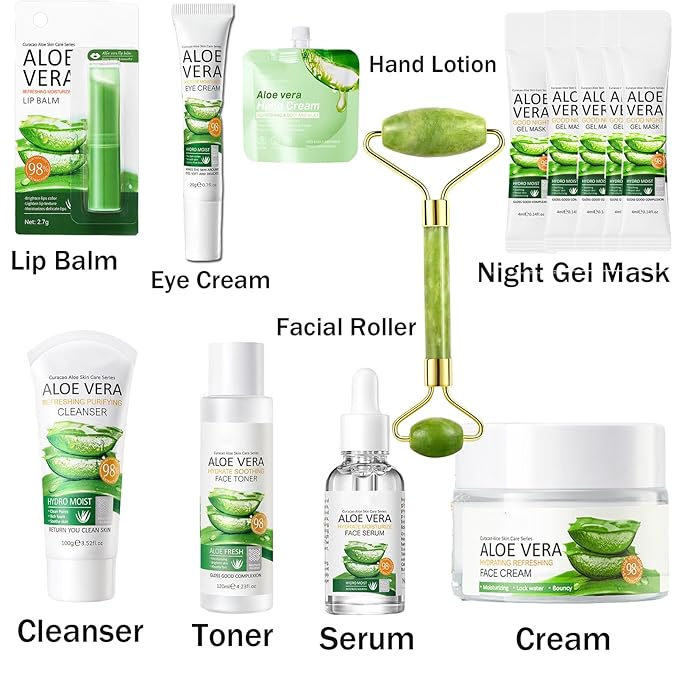 13Pcs Skin Care Products Set, Aloe Vera Skin Care Sets, Skin Care Gift Set for Women Girls, Skincare Routine Set, Face Care Kit for Dry Skin, Hydrating Moisturizer, Cleanser, Face Massage Roller-FemmiqueWomen