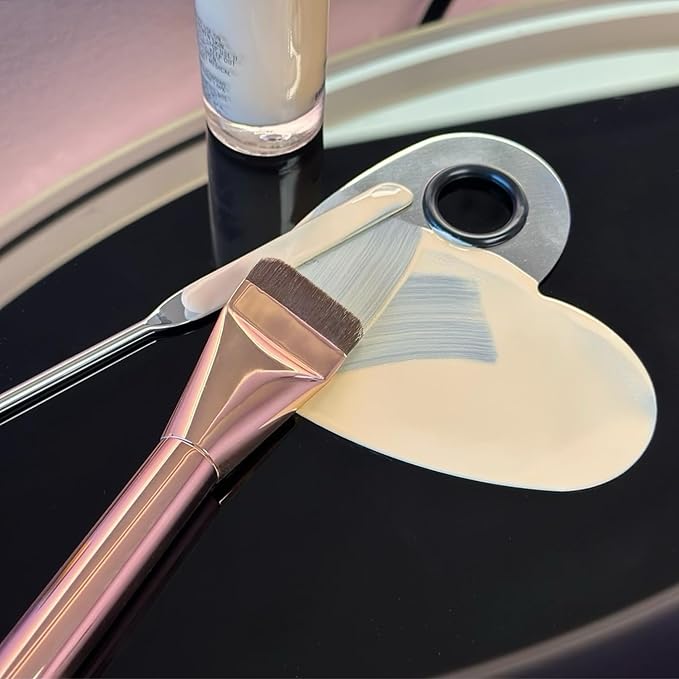 Makeup Brush Set - Flat Foundation Brush, Blender Sponge, Face Spatula, Puff & Heart-Shaped Mixing Palette with Leather Case – Complete Face Makeup Tool Kit for Blending, Foundation & Application-FemmiqueWomen