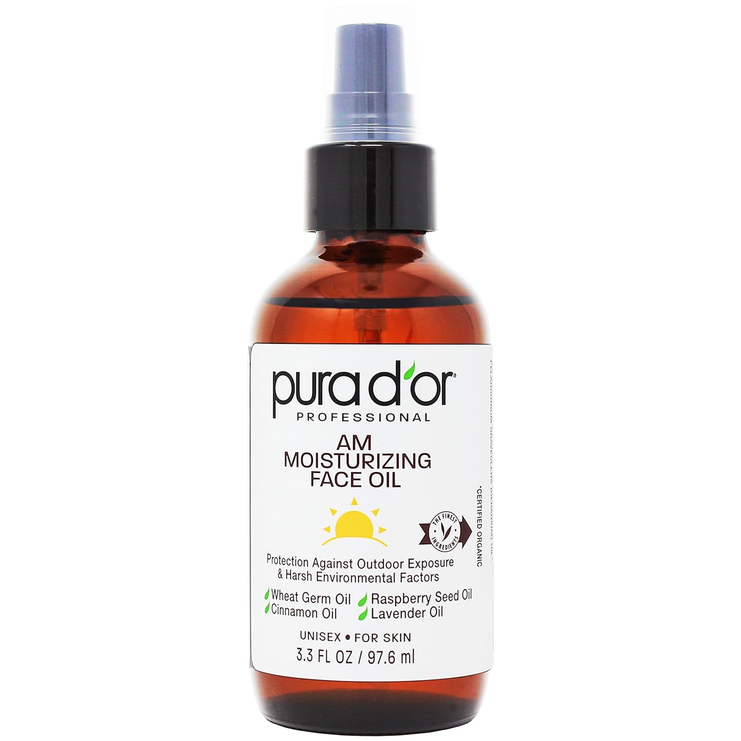 PURA D'OR 3.3 Oz ORGANIC AM Moisturizing Face Oil - Morning Glow Hydrating Skincare -Lightweight Moisturizer for Glowing Skin - All Natural, Vegan, Paraben-Free - Women & Men-FemmiqueWomen
