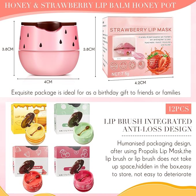 12 Pcs Bee Lip Balm Honey Pot with Brush Propolis Lip Mask Overnight, Moisturizing Hydrating Lip Sleeping Mask Prevention Dry and Cracked(Honey+Strawberry+Watermelon+Apple Lime+Cherry)-FemmiqueWomen