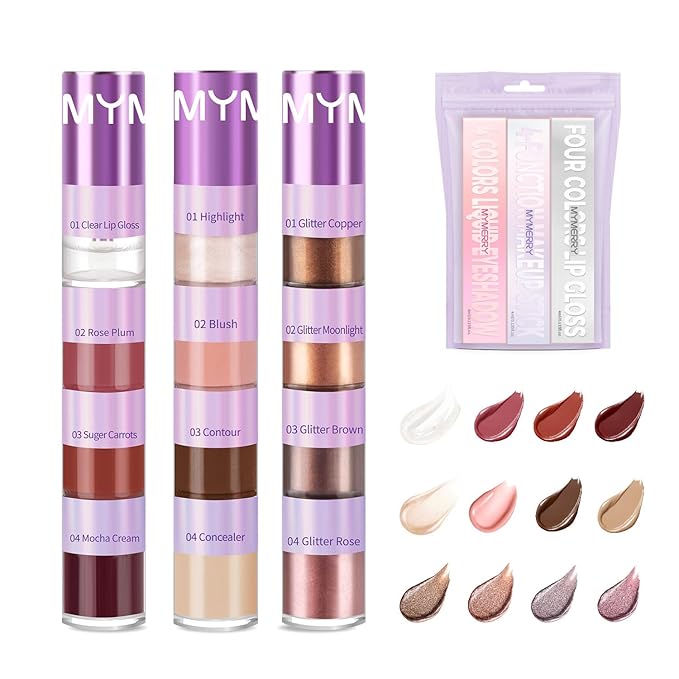 3 Pcs Cosmetic Sets 12 colors 4-Function cosmetic stick +Nonstick Raincoat Lip Gloss（3 colors+Clear Lip Gloss）+Liquid Eyeshadow in Four Colors Sets Waterproof-FemmiqueWomen