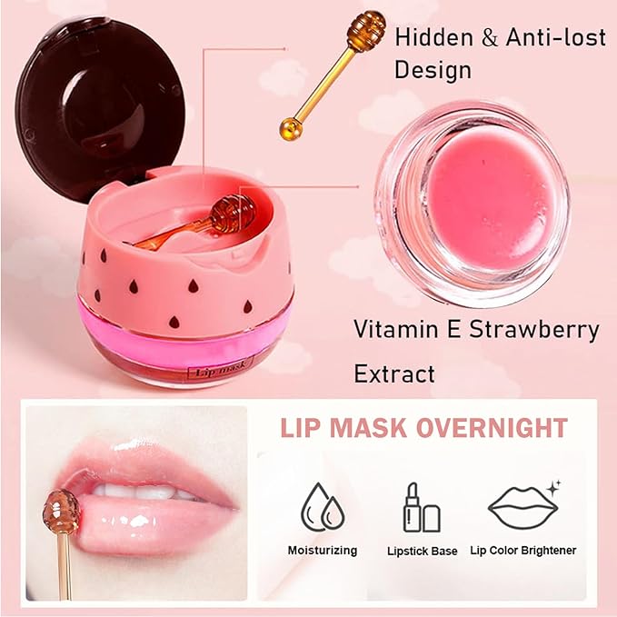 3 PCS Bee Lip Balm Lip Mask Honey Pot,Honey & Strawberry & Watermelon Lip Sleeping Mask,Moisturizing Lip Mask Overnight Prevention Dry and Cracked Lip Scrubs Exfoliator Lip Care-FemmiqueWomen