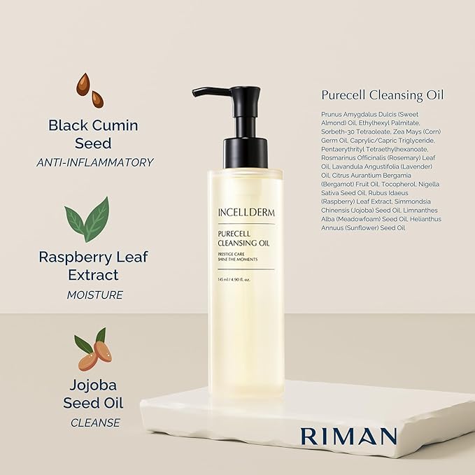 Riman Incellderm Purecell Cleansing Oil | 4.9 fl oz | Gentle Makeup Remover and Hydrating Cleanser | Lightweight and Non-Comedogenic | Suitable for Various Skin Types | Plant-Based Formula-FemmiqueWomen