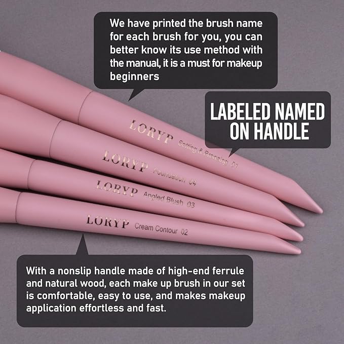LORYP Makeup Brushes Set Labeled 18 Piece Face and Eye Brush Set Ultra soft hair Foundation, Concealer, Blush, Contour, Blending, Eyeshadow Pink Brush kit-FemmiqueWomen
