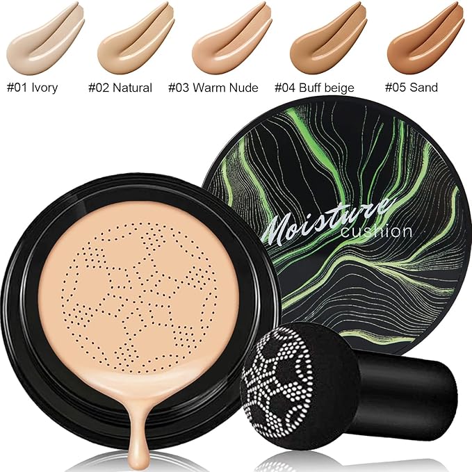 2 PCS Mushroom Head Air Cushion CC Cream Nature Foundation,Foundation Brush Powder Brush,Moisturizing Concealer, Bright Makeup Base Long Lasting (#02 Natural+#03 Warm Nude)-FemmiqueWomen