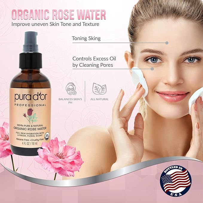 PURA D'OR Organic Rose Water Toner (4oz / 118mL) Eau Fraiche, 100% Pure Full Skin Hydration, Control Excess Oils & Acne - Cleanses & Softens - Promotes Healthy Skin Cell - for All Skin Types-FemmiqueWomen