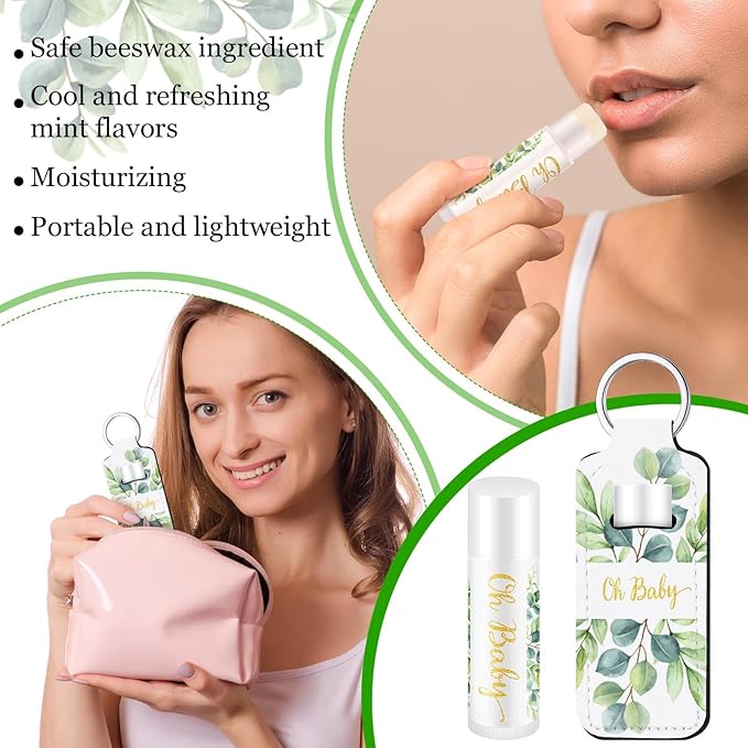 18 Sets Baby Shower Bridal Shower Favors for Guests Bulk Lip Balm and Lipstick Holder Keychains Set Baby Shower Bridal Shower Goodies Bags Thank You Gifts for Guests(Eucalyptus Baby)-FemmiqueWomen