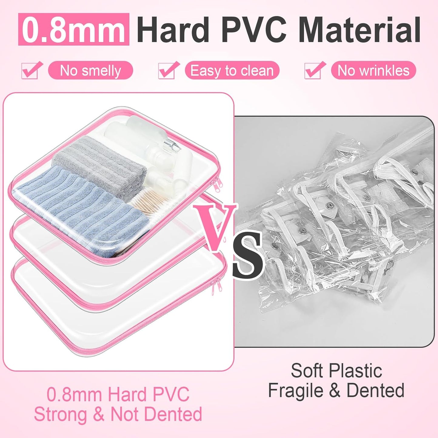Hoolerry 3 Pcs Clear Hard Zipper Case Plastic Pouch Transparent Hard Case Clear Makeup Bag Portable Travel Organizer Bin for Cosmetics, Building Blocks, Puzzles(Pink,L)-FemmiqueWomen