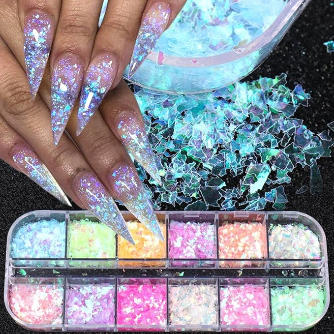 12 Colors Holographic Nail Art Glitter Sequins Iridescent Ice Slag Nail Glitter Laser Nail Art Flakes Colored Fluorescent Glass Paper Nail Sticker Decoration for Face Hand Body Make-Up DIY-FemmiqueWomen
