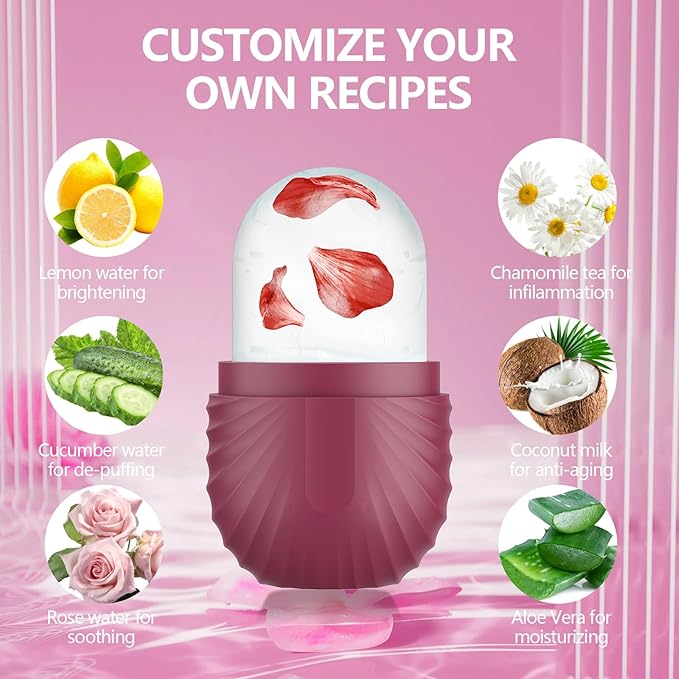 2pcs Ice Roller for Face and Eye, Silicone Ice Facial Roller Ice Holder, Face Ice Mold Skin Care, Face Icers Reusable Ice Cube Roller for Shrink Pores Anti Wrinkle Reduce Puffiness, Pink Rose-FemmiqueWomen