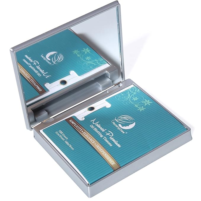 Makeup Mirror with Facial Oil Blotting Paper Sheets - Bamboo Charcoal 100 Counts, Silver Compact Folding Cosmetic Travel Mirror-FemmiqueWomen