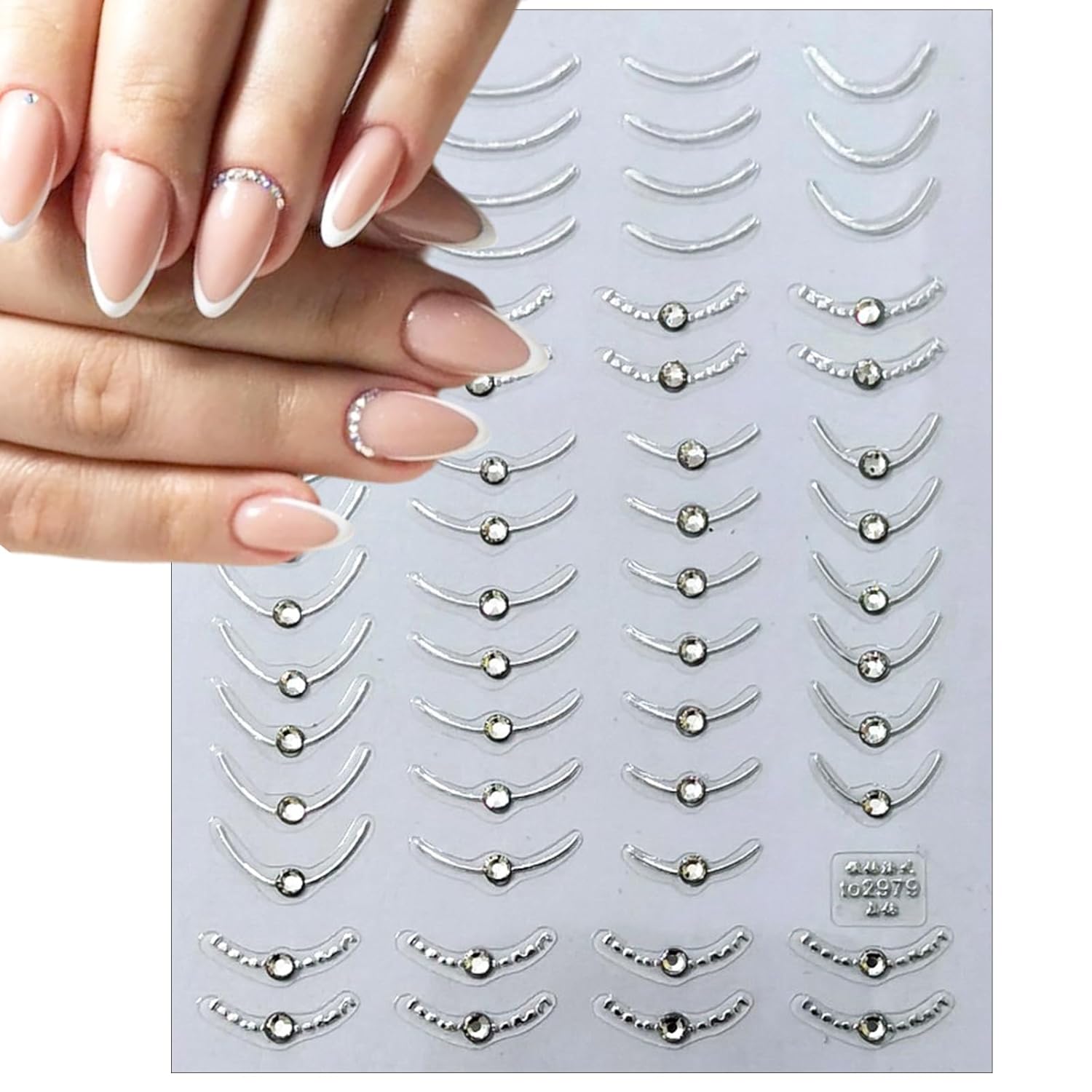 2 Sheets French Tips Nail Art Stickers - 5D Holographic French Simple Gold Silver Line Nail Stickers with Crystal Diamond Design Nail Decals for Women Manicure Decorations-FemmiqueWomen