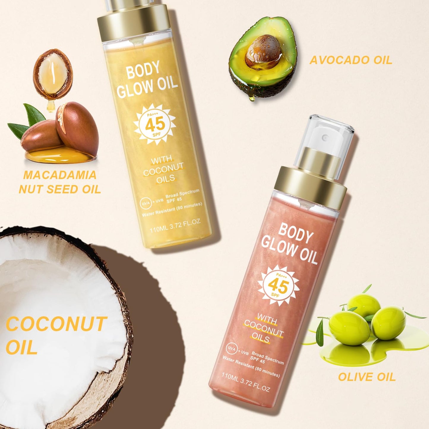 Body Glow Oil, Sunscreen Shimmer Oil, SPF 45 Broad Spectrum, Body Oil with with Coconut Oils, Moisturizing Glow for Face & Body, Liquid Illuminator Highlighter, Water Resistant, 3.72 fl oz (#1 GOLD)-FemmiqueWomen