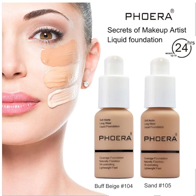 2 Pcs Liquid Foundation Full Coverage 24HR 30ml Matte Oil Control Foundation Makeup Concealer (Buff Beige & Sand) with Kabuki Foundation Brush Flat Top-FemmiqueWomen