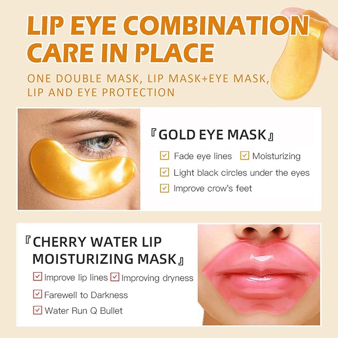 30 Pieces Lip Mask & Under Eye Mask,24K Gold Gel Crystal Collagen Eye Patches, Cherry Lip Masks Skincare,Moisturizing& Reducing Reducing Fine Lines & Dark Circle for Puffy Eyes-FemmiqueWomen