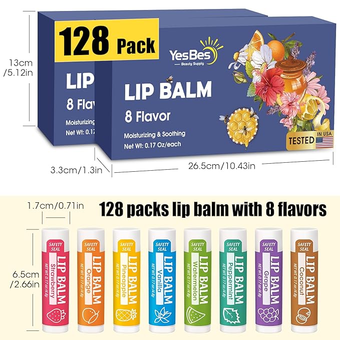 128 Pack Lip Balm, Natural Lip Balm Bulk with Vitamin E and Coconut Oil, Moisturizing Lip Balm for Dry Cracked Lips, Lip Balm for Stocking Stuffers - 8 Flavors-FemmiqueWomen