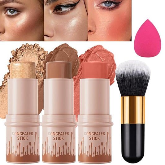 3Pcs Cream Contour Stick, with Highlighter Stick Milk Bronzer Stick Blush Stick, Face Contour Stick Highlighter Makeup with Makeup Brush and Sponge, Easy to Sculpt the Face, Long Lasting-FemmiqueWomen