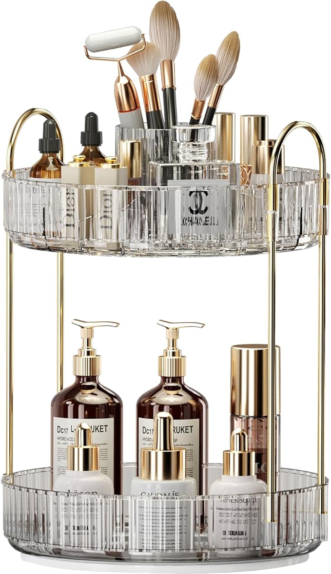 360° Rotating Makeup Organizer, Large-Capacity Skincare Make Up Storage 2 Tier Perfume Organizers Cosmetic Dresser Organizer with Makeup Brush Holder, Fits Bedroom, Bathroom, Vanity Shelf Countertop-FemmiqueWomen
