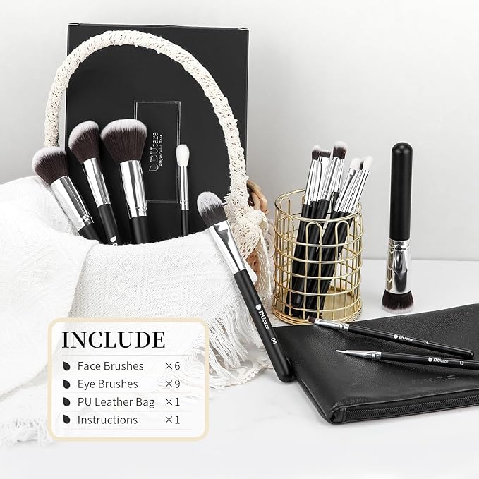 DUcare 15pcs Classic Black Makeup Brush Set with Bag Professional Soft Synthetic Foundation, Blending, Eyeshadow, Powder, Concealer Brushes for Flawless Makeup Application-FemmiqueWomen