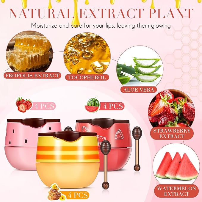 12 Pcs Bee Lip Balm Honey Pot with Brush Propolis Lip Mask Overnight, Moisturizing Hydrating Lip Sleeping Mask Prevention Dry and Cracked(Honey+Strawberry+Watermelon)-FemmiqueWomen
