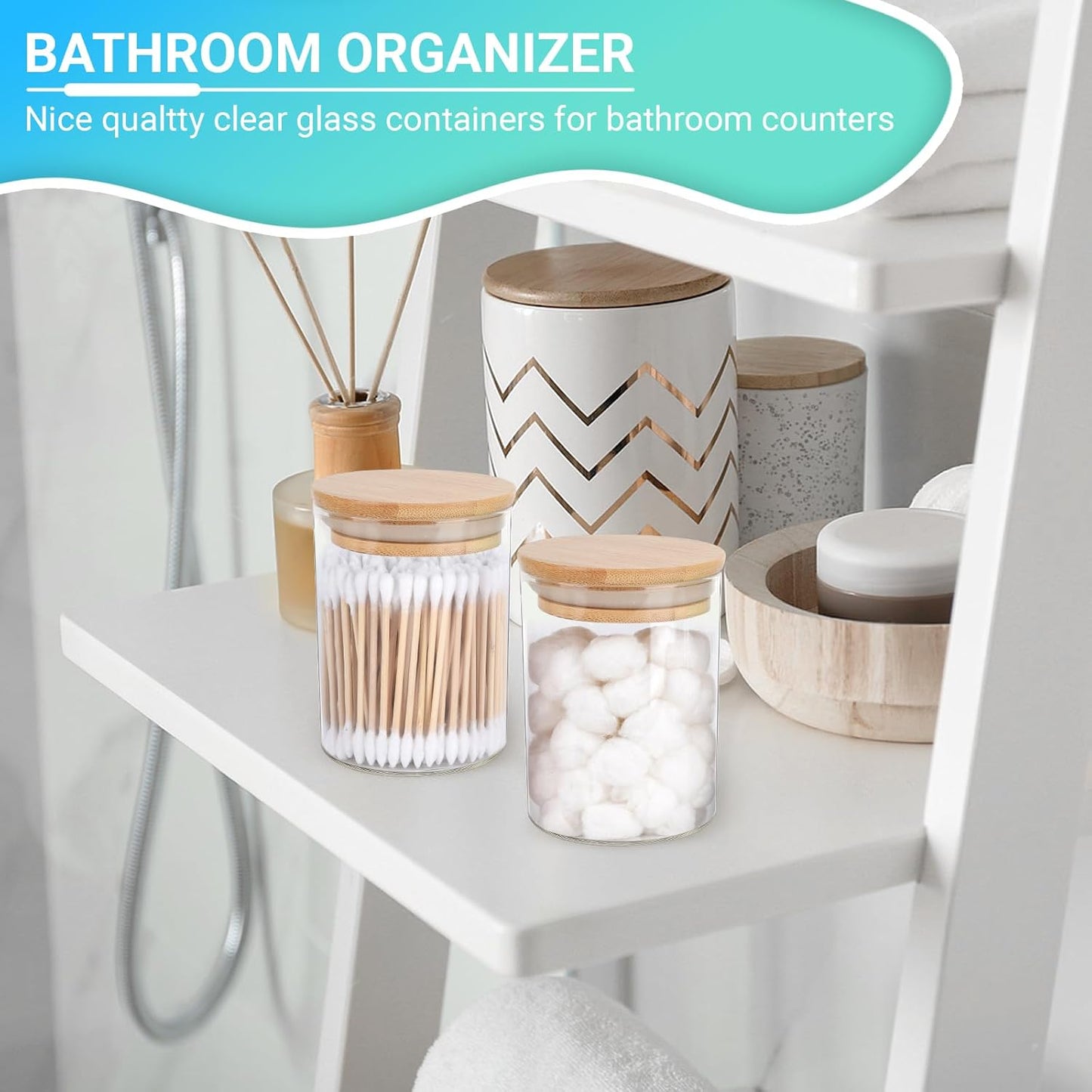 2 Pack Glass Qtip Holder Dispenser Set - Apothecary Jars with Lids for Vanity Makeup Organizer - Bathroom Canister Storage Organizer for Cotton Ball, Swab, Round Pads,Floss-FemmiqueWomen