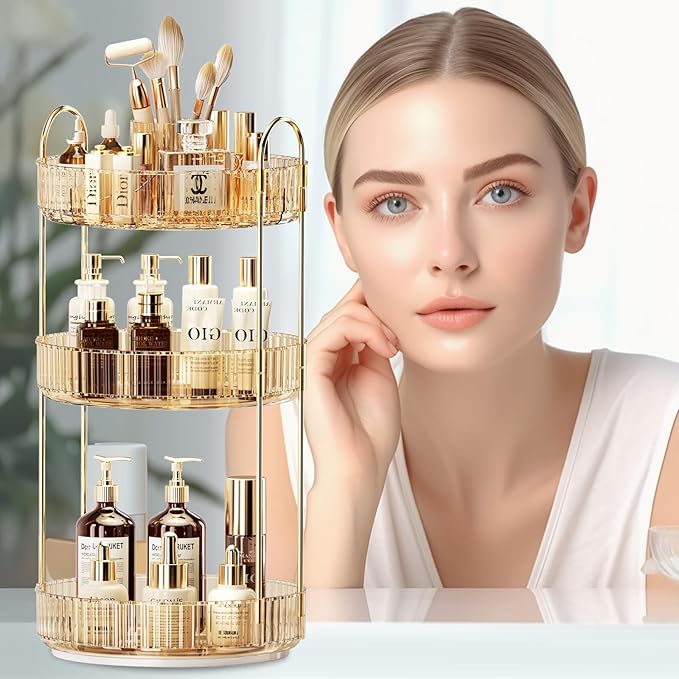 360° Rotating Makeup Organizer, Large-Capacity Skincare Make Up Storage 3 Tier Perfume Organizers Cosmetic Dresser Organizer with Makeup Brush Holder, Fits Bedroom, Bathroom, Vanity Shelf Countertop-FemmiqueWomen