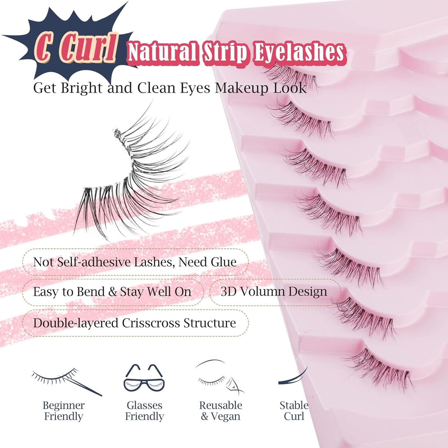 Natural Half Lashes Cat Eye Eyelashes 13MM False Eyelashes Natural Corner Lashes Wispy 3D Volume Half Eyelashes Pack with Thin Cotton Band 3/4 Lashes Extension 7 Pair Siligli-FemmiqueWomen