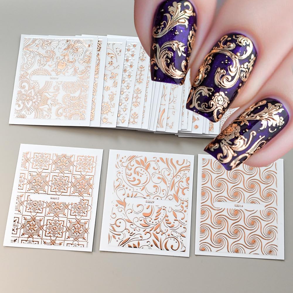 30 Sheets Rose Gold Lace Line Nail Stickers 3D Self Adhesive Nail Art Charms Sticker Decals for Crafts Supplies Accessories (ST-RG)-FemmiqueWomen