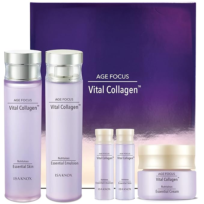 ISA KNOX AGE FOCUS VITAL COLLAGEN SKINCARE GIFT SET - Korean Luxury Premium High-end Skin Toner, Emulsion Lotion, Cream, Hydrolyzed Collagen, Vitamin B12, E, C, (370ml / 12.51 Fl Oz)-FemmiqueWomen
