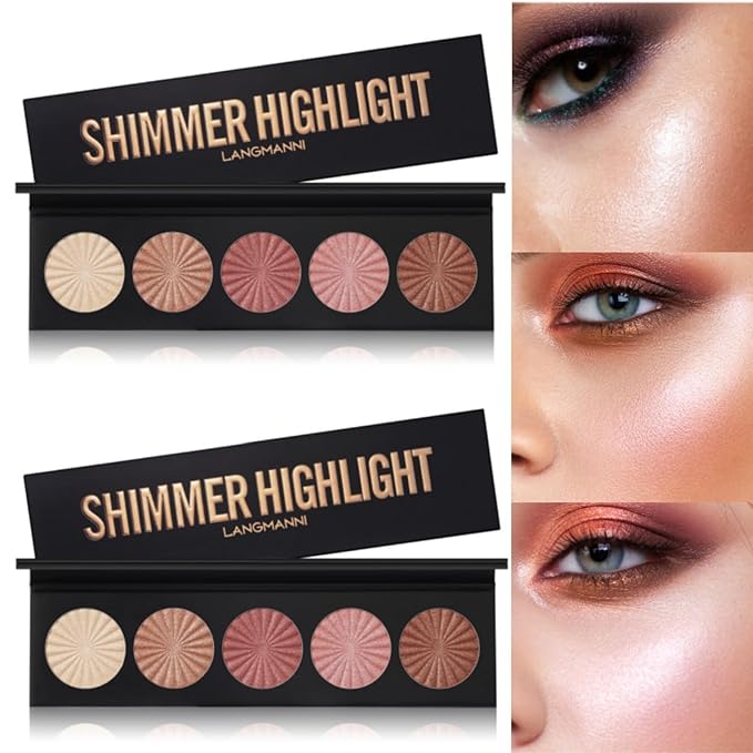 2 Packs Highlighter Powder Palette, 5 Colors Makeup Palette Contour Palette Eyeshadow Makeup Kit Waterproof Long Lasting Brilliant Lighten Skin Color Professional Face Shading Set (2, brown, Large)-FemmiqueWomen