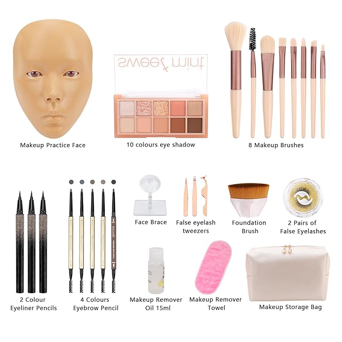 3D Makeup Practice Face Board,Reusable Silicone Makeup Practice Face/Makeup Mannequin Face,with Makeup Brushes Set&Dual head Eyebrow Pencils&a Pair of Eyelashes&a Makeup Bag&makeup remover towel-FemmiqueWomen