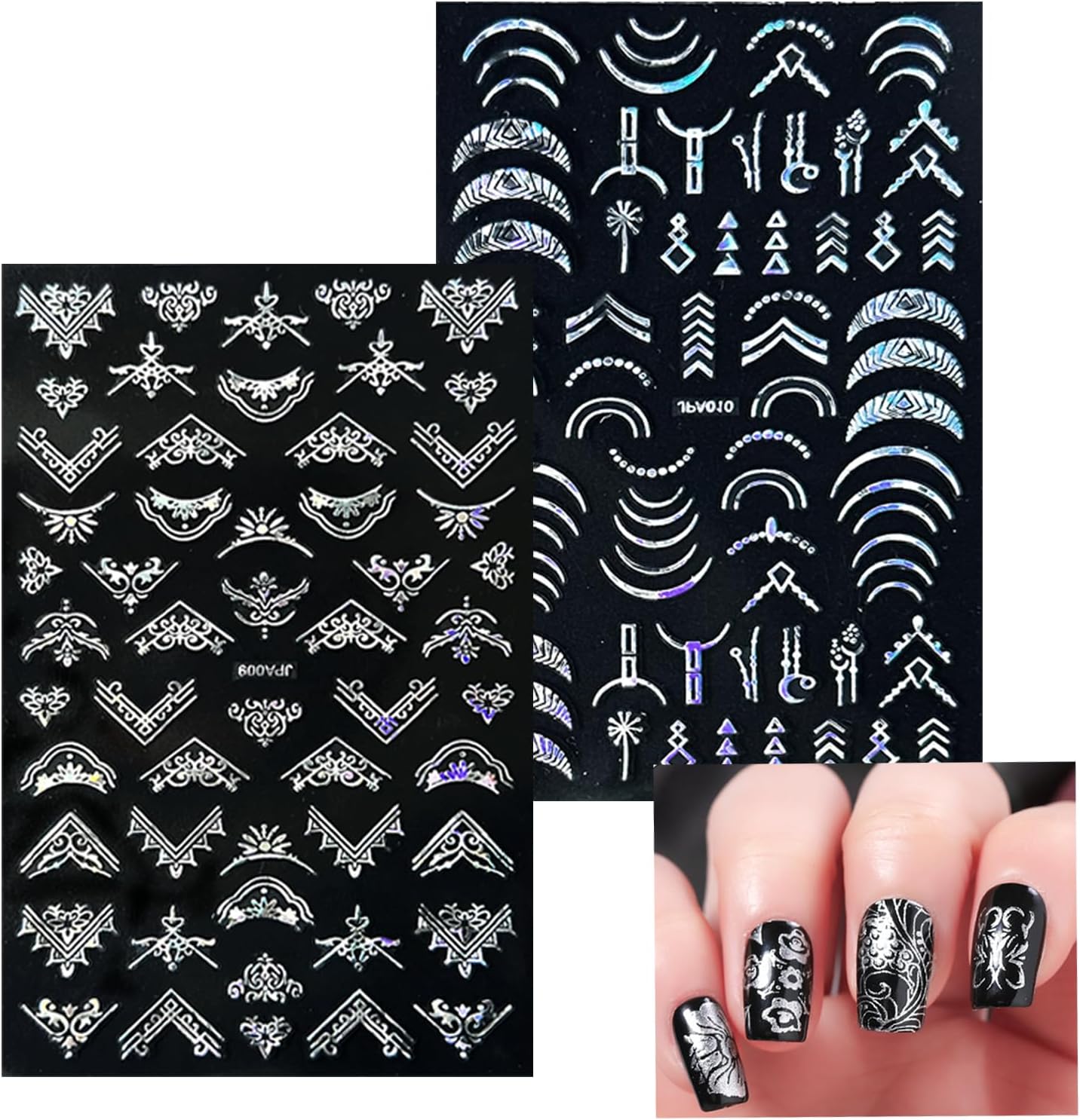 10 Sheets Flower Nail Stickers Silver 3D Self-Adhesive Leaf Art Designs Holographic Laser Manicure Accessories, Style6-FemmiqueWomen