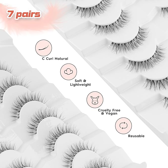 Natural Lashes False Eyelashes 12 MM Short Lashes WIspy 3D Volume Fake Eyelashes Pack C Curl Soft Eye Lash with Thin Cotton Band 7 Pair False Lashes Siligli-FemmiqueWomen