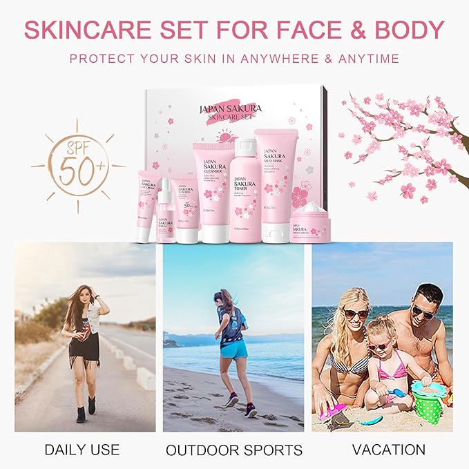 Skin Care Set JAPAN-SAKURA Women Beauty Gift Sets Skin Care Kit, Self-Care Skincare Set: Cleanser,Toner,Serum,Cream,Mud Mask,Eye Cream,Sunscreen, Facial Kit for Women Teen Girls Mom Daughter 7pcs-FemmiqueWomen