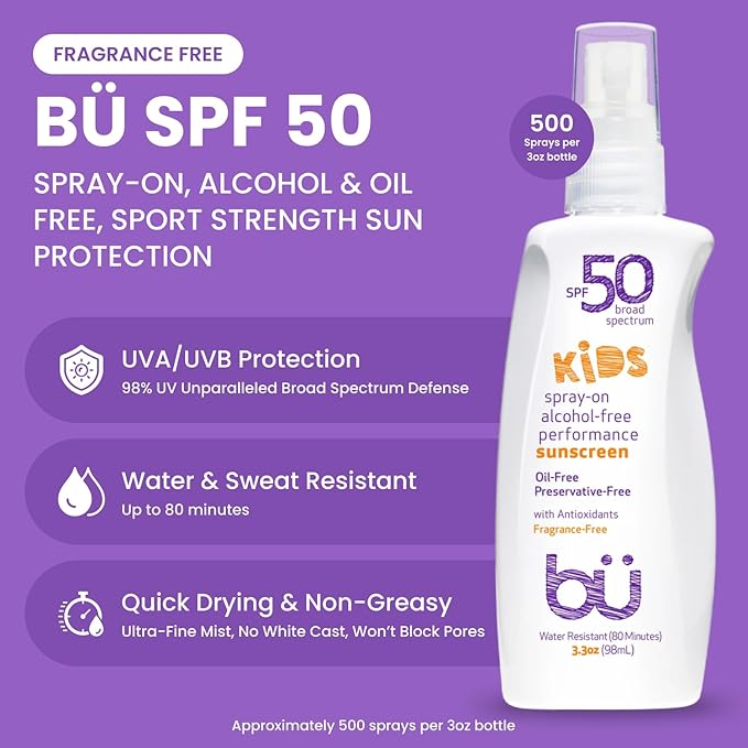 BU SPF 50 Fragrance Free Kids Sunscreen Spray for Face and Body, TSA Travel Size Sunscreen, Clear Non Aeorsol Spray, Non Greasy, Water Resistant and Oil Free, 3.3 oz (3-pack)-FemmiqueWomen