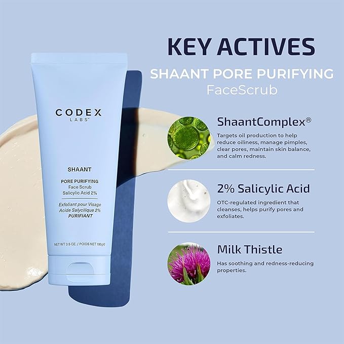 Codex Labs Shaant Deep Cleanse & Tone Kit, Pore Purifying Scrub (100g) & Refining Toner (100ml) - Oil Control & Pore Minimizer - for Acne Prone Skin - with 2% Salicylic Acid, 2% Gluconolactone (PHA)-FemmiqueWomen